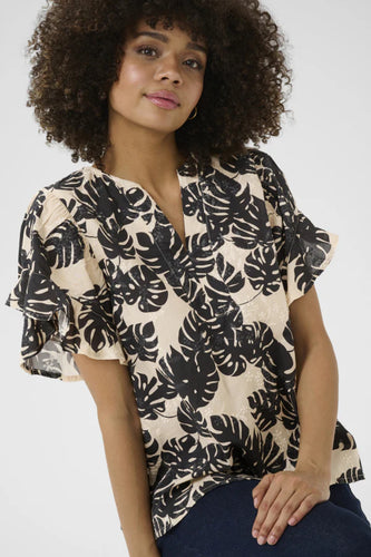 CUdebora blouse , black palm leaves.